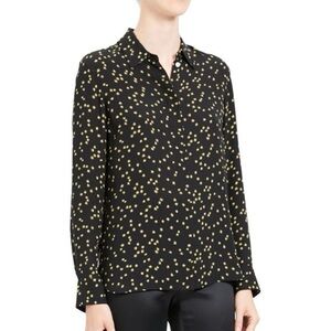 Theory Silk Button-Up Shirt Black Blouse With Gold Star Pattern Size Small